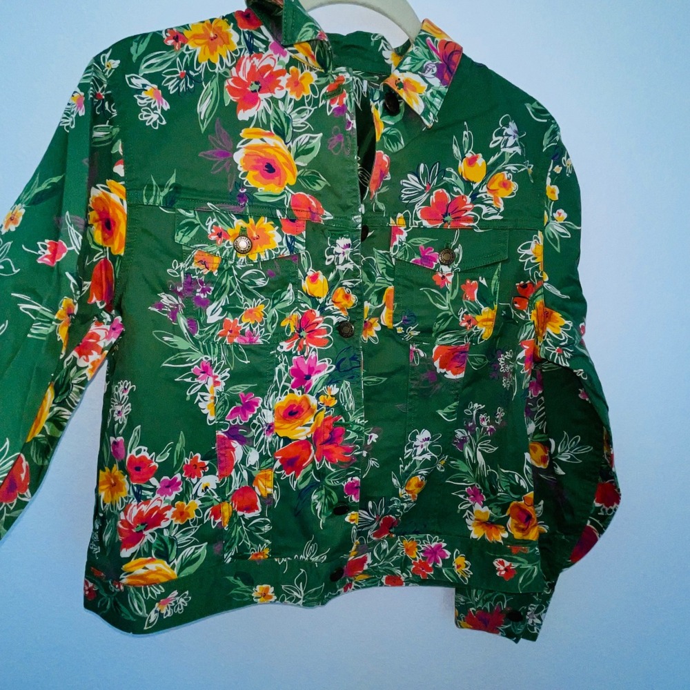Jones New York Sport Floral Trucker Jacket Green Cotton Botanical Print Womens